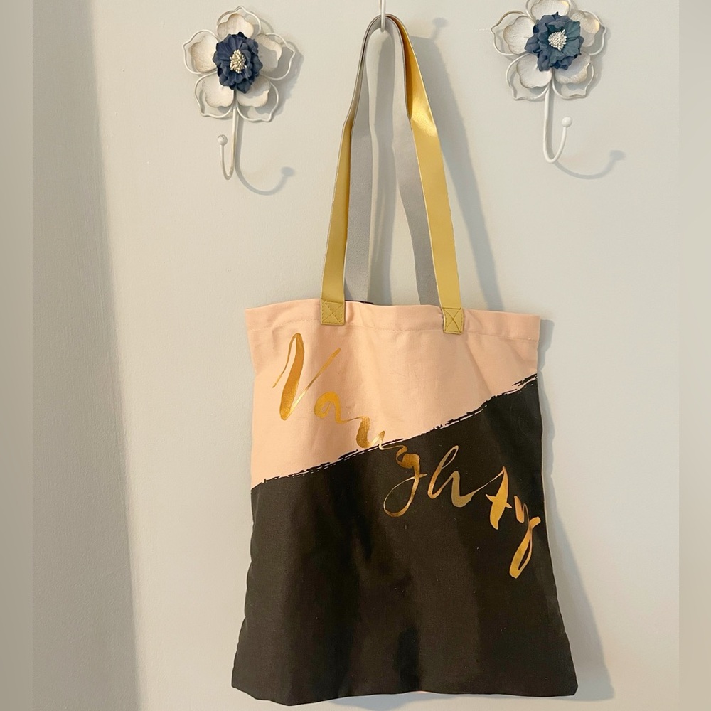 Two-Tone Naughty / Nice Holiday Canvas Tote Bag Gift- Pink and Black New